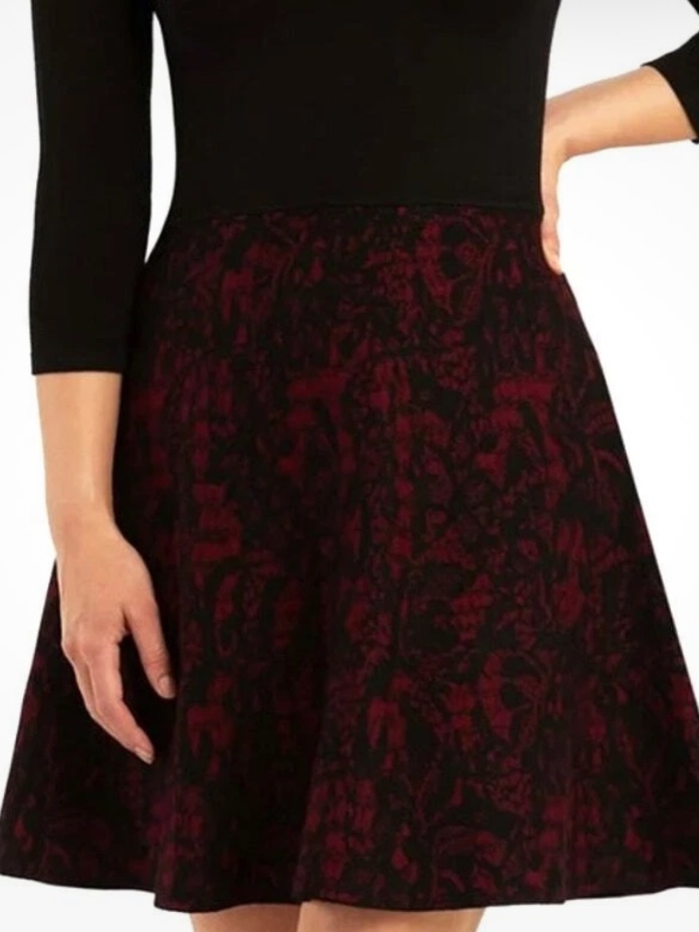 BCX 3/4-Sleeve Lace-Skirt Sweater Dress in black and burgundy Size Junior XS - Picture 3 of 12